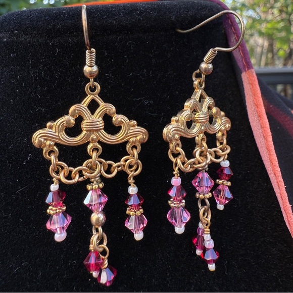 Pink Swarovski Beaded Chandelier Earrings with Gold-tone Victorian Design - Picture 11 of 11